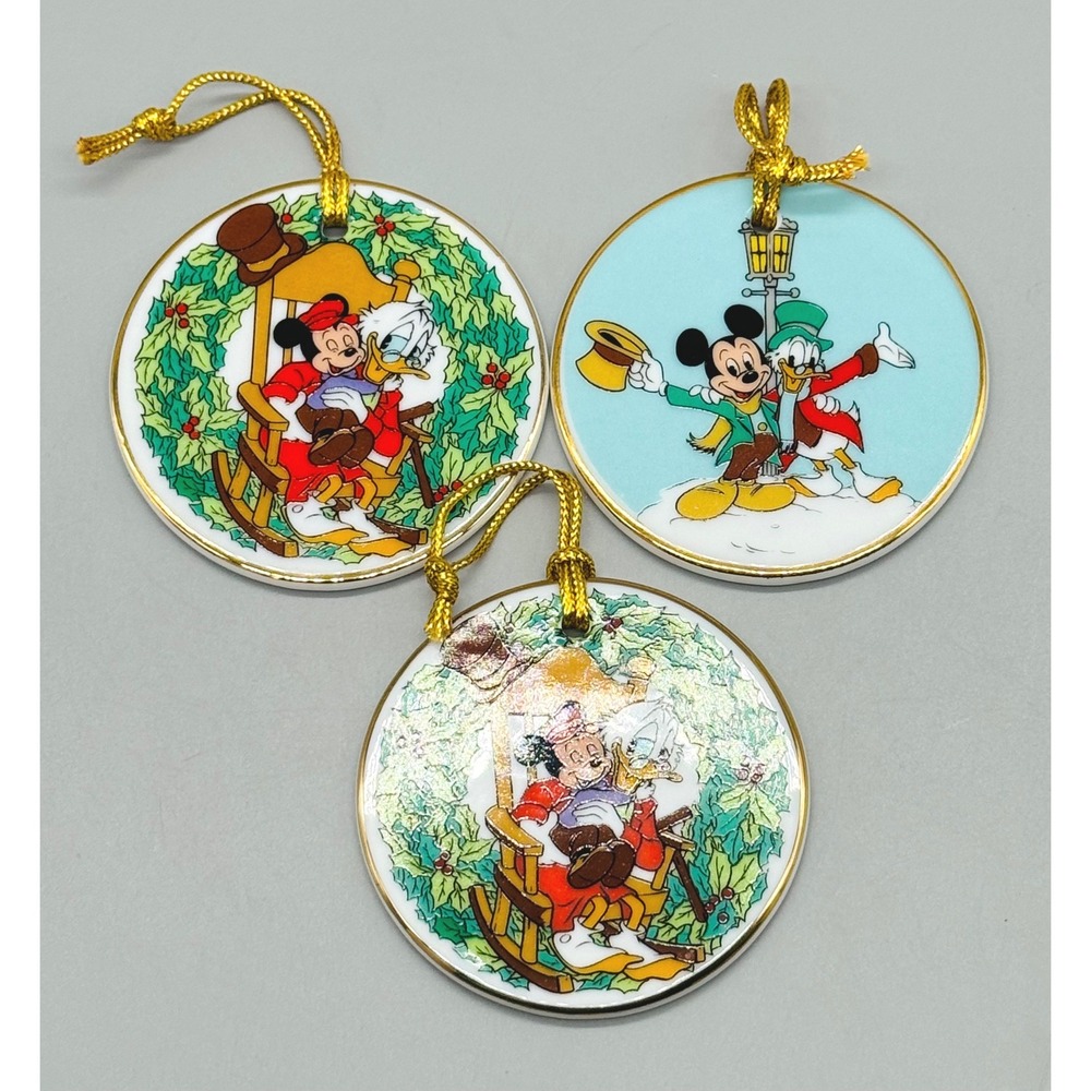 Disney Christmas Carol Ornaments Mickey Ceramic Round Gold Trim Lot of 3